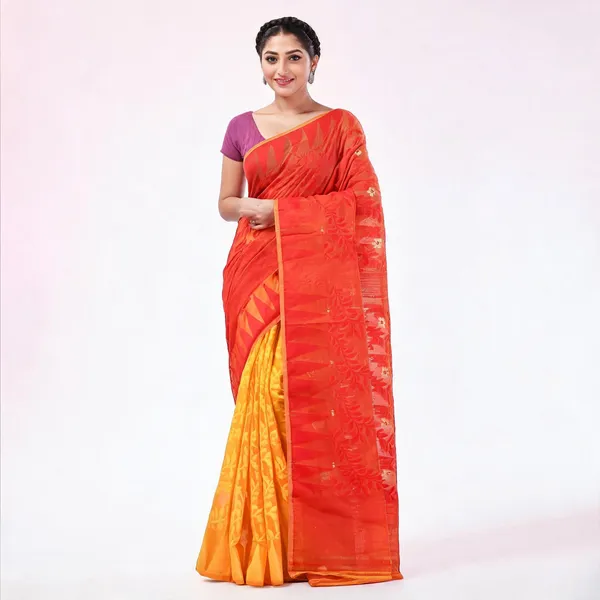 Red_Yellow_Cotton_Handloom_Dhakai_Jamdani_Floral_Saree_For_Women