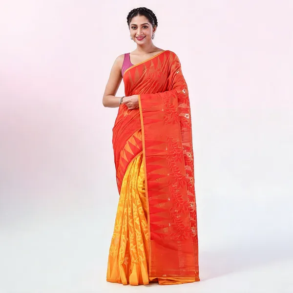 Red_Yellow_Cotton_Handloom_Dhakai_Jamdani_Floral_Saree_For_Women