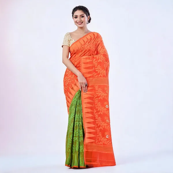 Orange_Green_Cotton_Handloom_Dhakai_Jamdani_Floral_Saree_For_Women