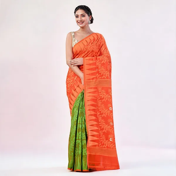 Orange_Green_Cotton_Handloom_Dhakai_Jamdani_Floral_Saree_For_Women