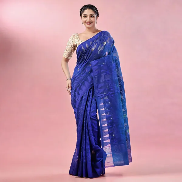 Blue_Cotton_Handloom_Dhakai_Jamdani_Floral_Saree_For_Women