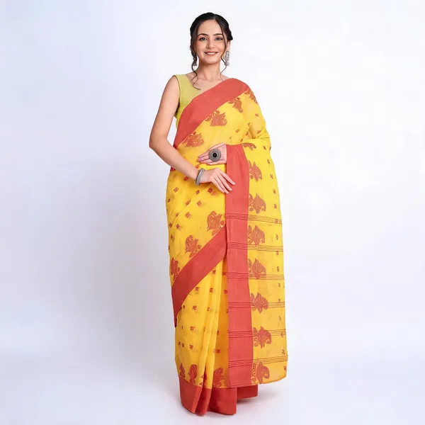 Yellow_Cotton_Woven_Floral_Handloom_Saree_For_Women