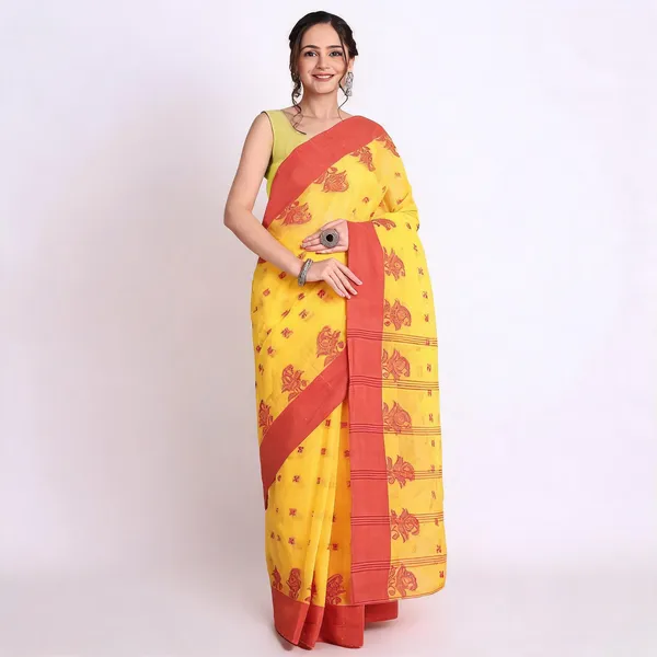 Yellow_Cotton_Woven_Floral_Handloom_Saree_For_Women