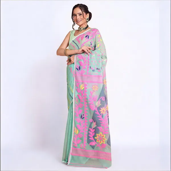 Firoza_Pink_Cotton_Blend_Jamdani_Traditional_Saree_For_Women