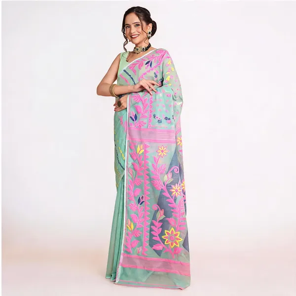 Firoza_Pink_Cotton_Blend_Jamdani_Traditional_Saree_For_Women