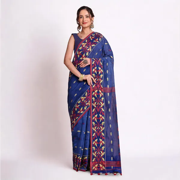 Deep_Blue_Cotton_Blend_Woven_Self_Design_Saree_With_Blouse_Piece_For_Women