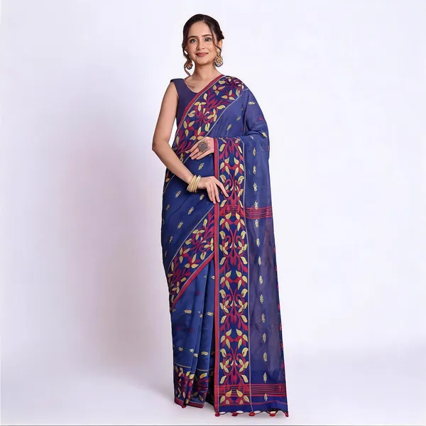 Deep_Blue_Cotton_Blend_Woven_Self_Design_Saree_With_Blouse_Piece_For_Women