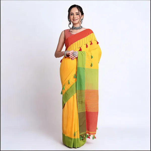 Yellow_Green_Orange_Cotton_Handloom_Traditional_Saree_For_Women