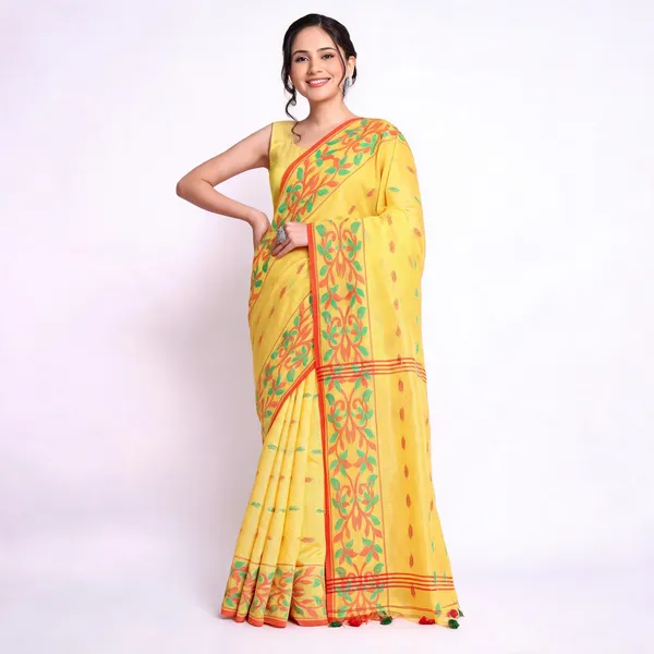 Yellow_Silk_Cotton_Woven_Handloom_Saree_With_Blouse_For_Women