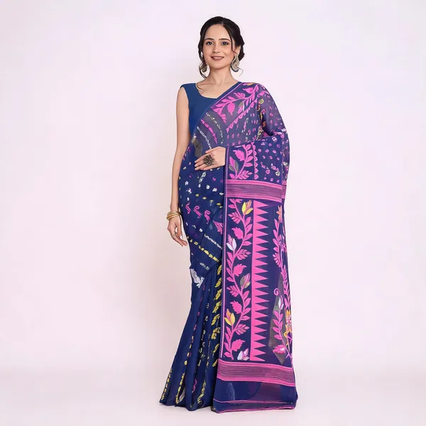 Blue_Pink_Cotton_Blend_Bengal_Handloom_Traditional_Saree_For_Women