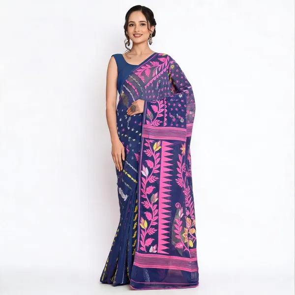 Blue_Pink_Cotton_Blend_Bengal_Handloom_Traditional_Saree_For_Women