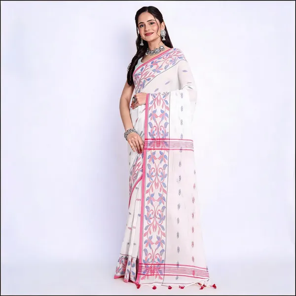 White_Silk_Cotton_Woven_Self_Design_Saree_With_Blouse_Piece_For_Women