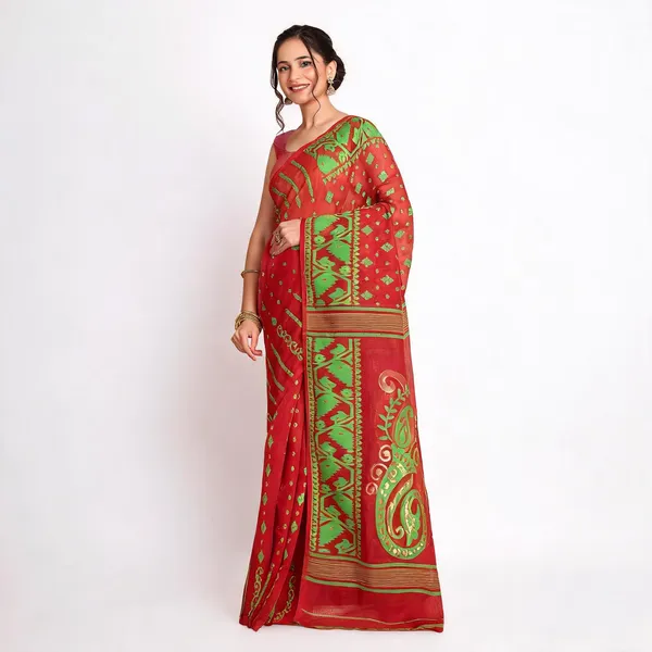Red_Green_Cotton_Blend_Woven_Floral_Handloom_Saree_For_Women
