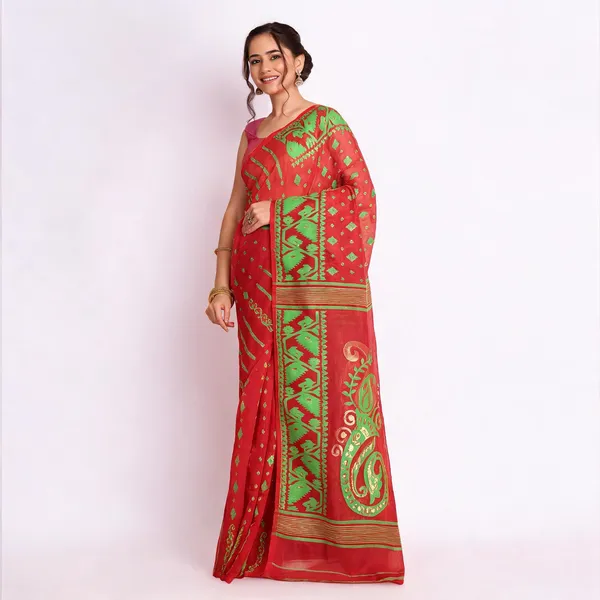 Red_Green_Cotton_Blend_Woven_Floral_Handloom_Saree_For_Women