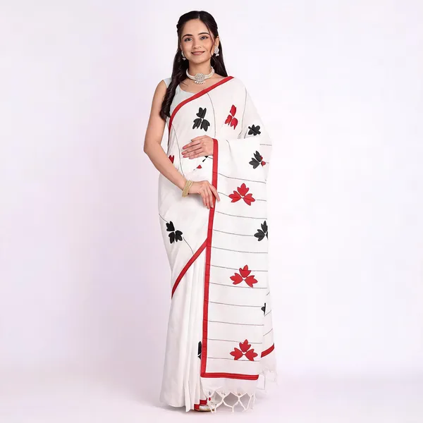 White_Cotton_Woven_Floral_Saree_With_Blouse_For_Women