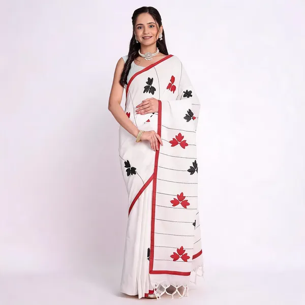 White_Cotton_Woven_Floral_Saree_With_Blouse_For_Women