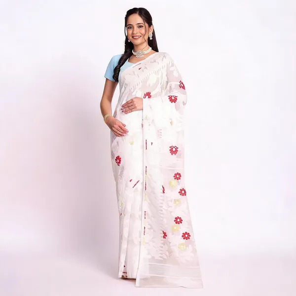 White_Cotton_Floral_Jamdani_Traditional_Saree_For_Women