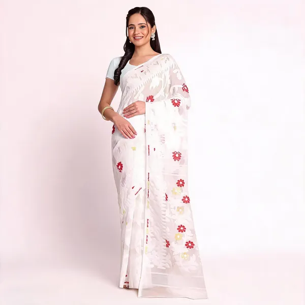 White_Cotton_Floral_Jamdani_Traditional_Saree_For_Women