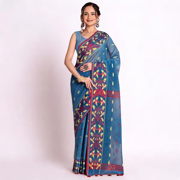 Blue_Silk_Cotton_Woven_Floral_Saree_With_Blouse_Piece_For_Women