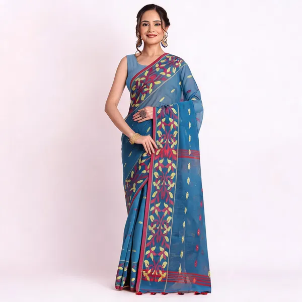 Blue_Silk_Cotton_Woven_Floral_Saree_With_Blouse_Piece_For_Women