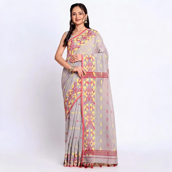 Grey_Cotton_Silk_Blend_Woven_Handloom_Saree_With_Blouse_For_Women