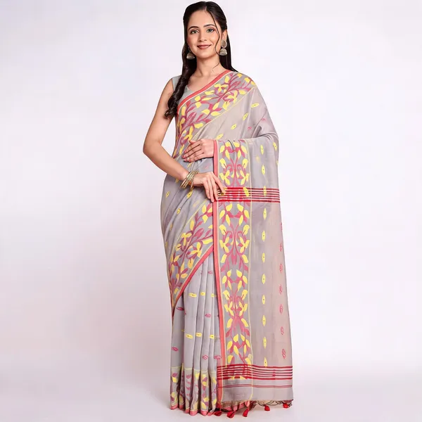 Grey_Cotton_Silk_Blend_Woven_Handloom_Saree_With_Blouse_For_Women