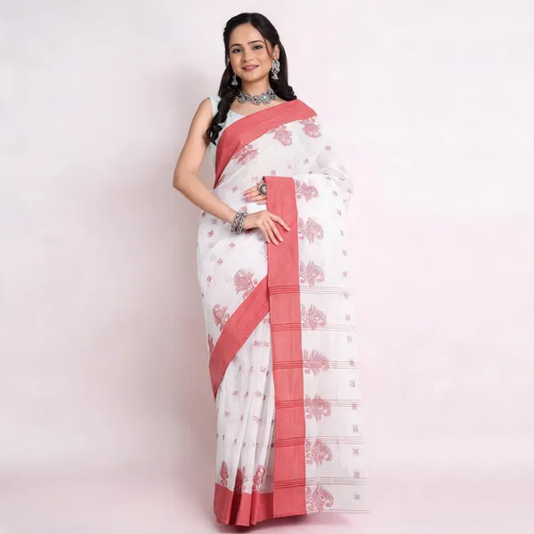 White_Red_Cotton_Floral_Woven_Bengal_Handloom_Saree_For_Women