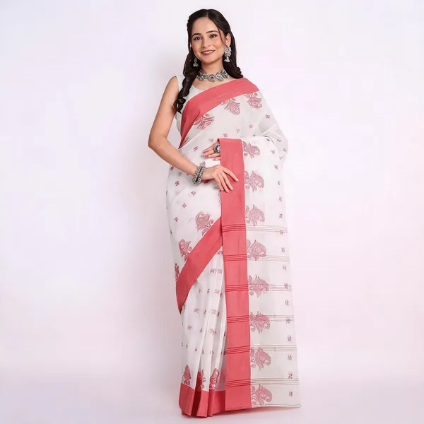 White_Red_Cotton_Floral_Woven_Bengal_Handloom_Saree_For_Women
