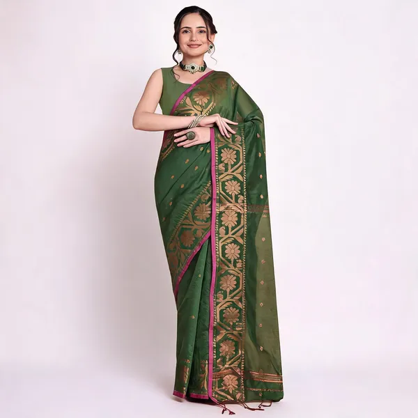 Green_Cotton_Blend_Traditional_Floral_Handloom_Saree_With_Blouse_For_Women