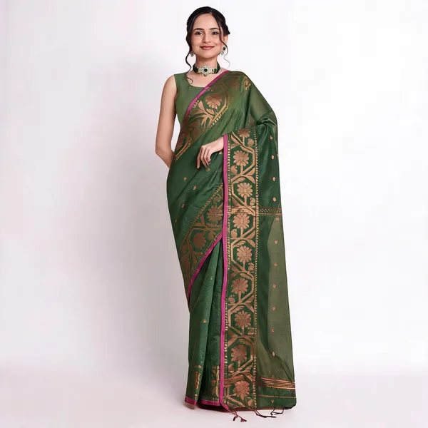 Green_Cotton_Blend_Traditional_Floral_Handloom_Saree_With_Blouse_For_Women