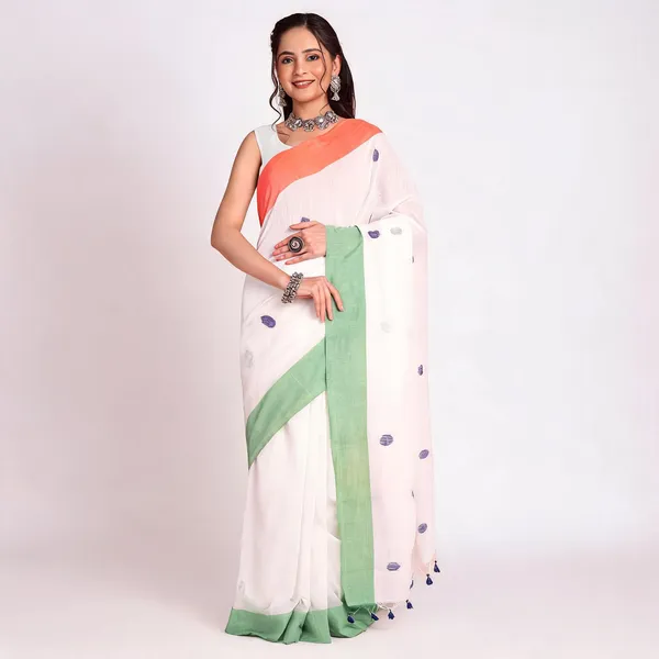 White_Cotton_Handloom_Polka_Dots_Saree_For_Women