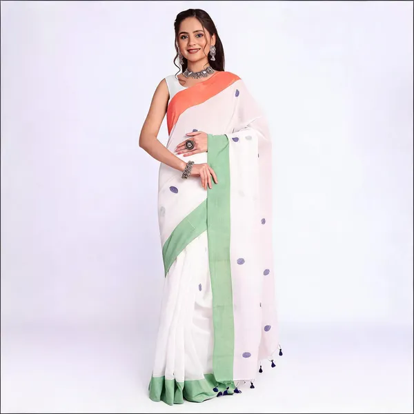 White_Cotton_Handloom_Polka_Dots_Saree_For_Women