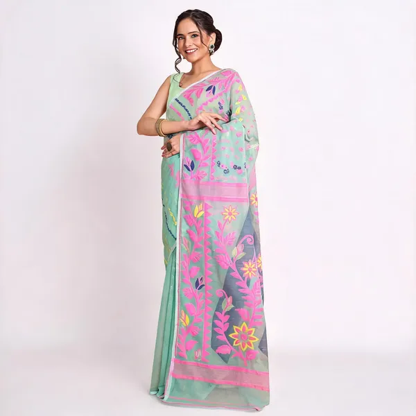 Firoza_Pink_Cotton_Blend_Handloom_Jamdani_Saree_For_Women