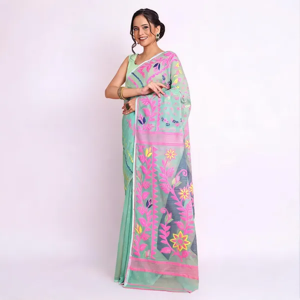 Firoza_Pink_Cotton_Blend_Handloom_Jamdani_Saree_For_Women