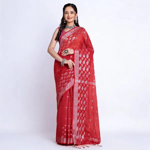 Red_Cotton_Blend_Floral_Handloom_Saree_With_Blouse_For_Women