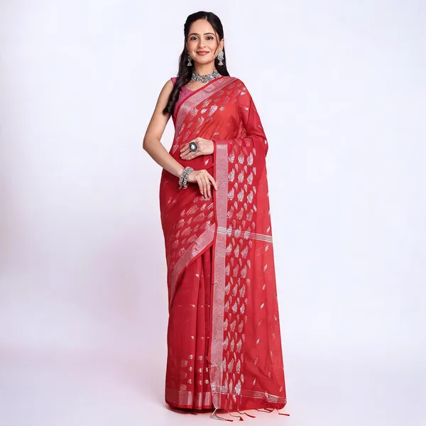 Red_Cotton_Blend_Floral_Handloom_Saree_With_Blouse_For_Women