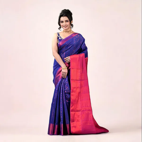 Royal_Blue_Pink_Silk_Blend_Traditional_Saree_With_Blouse_For_Women
