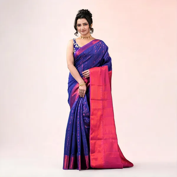 Royal_Blue_Pink_Silk_Blend_Traditional_Saree_With_Blouse_For_Women