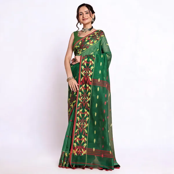 Green_Cotton_Silk_Blend_Woven_Floral_Handloom_Saree_With_Blouse_For_Women