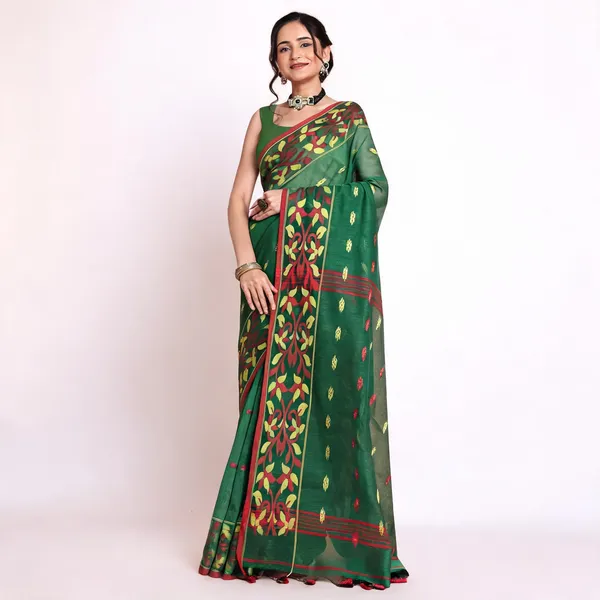 Green_Cotton_Silk_Blend_Woven_Floral_Handloom_Saree_With_Blouse_For_Women