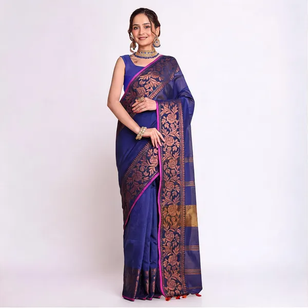 Blue_Cotton_Blend_Traditional_Floral_Saree_With_Blouse_For_Women