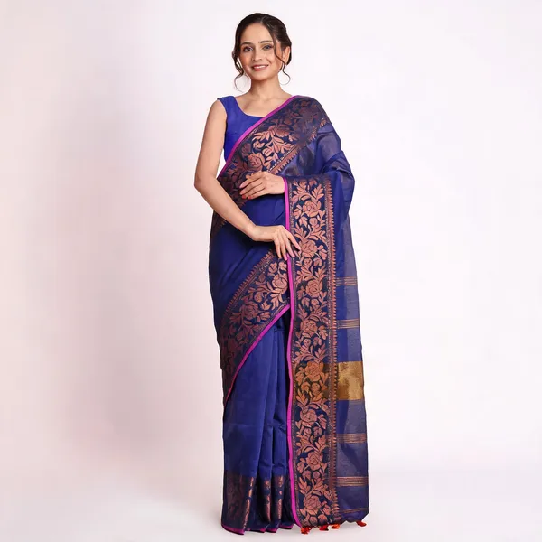 Blue_Cotton_Blend_Traditional_Floral_Saree_With_Blouse_For_Women