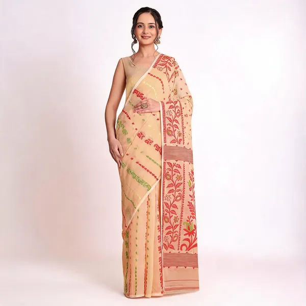 Cream_Red_Cotton_Blend_Floral_Traditional_Jamdani_Saree_For_Women