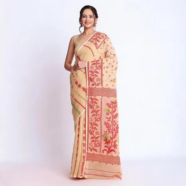 Cream_Red_Cotton_Blend_Floral_Traditional_Jamdani_Saree_For_Women