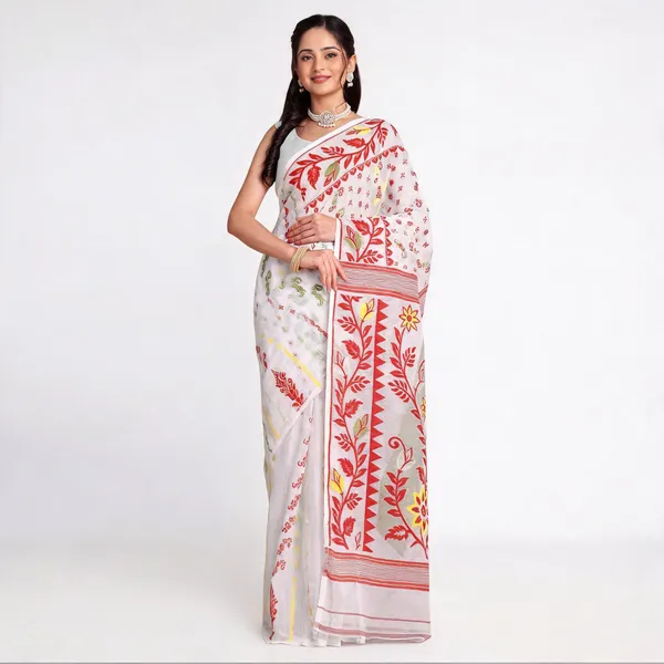 White_Red_Cotton_Blend_Traditional_Bengal_Handloom_Saree_For_Women