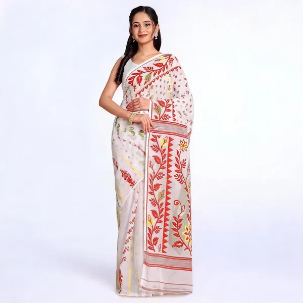 White_Red_Cotton_Blend_Traditional_Bengal_Handloom_Saree_For_Women