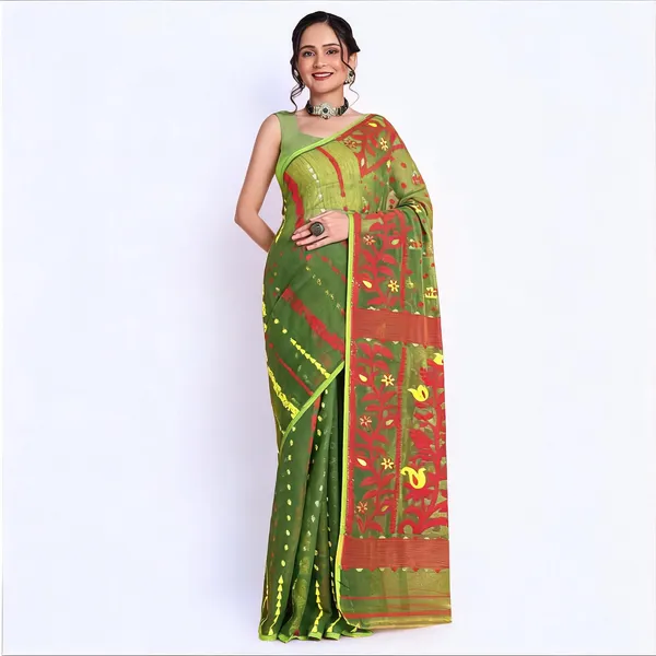 Green_Red_Cotton_Blend_Handloom_Floral_Traditional_Saree_For_Women