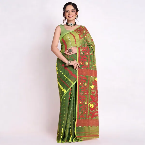 Green_Red_Cotton_Blend_Handloom_Floral_Traditional_Saree_For_Women