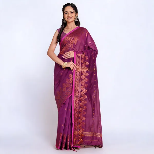 Purple_Wine_Cotton_Blend_Floral_Traditional_Saree_For_Women