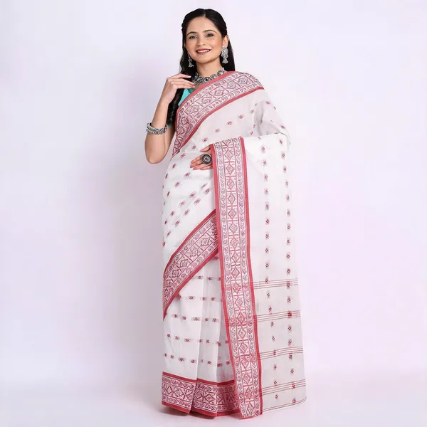 Red_White_Cotton_Bengal_Handloom_Paisley_Woven_Saree_For_Women